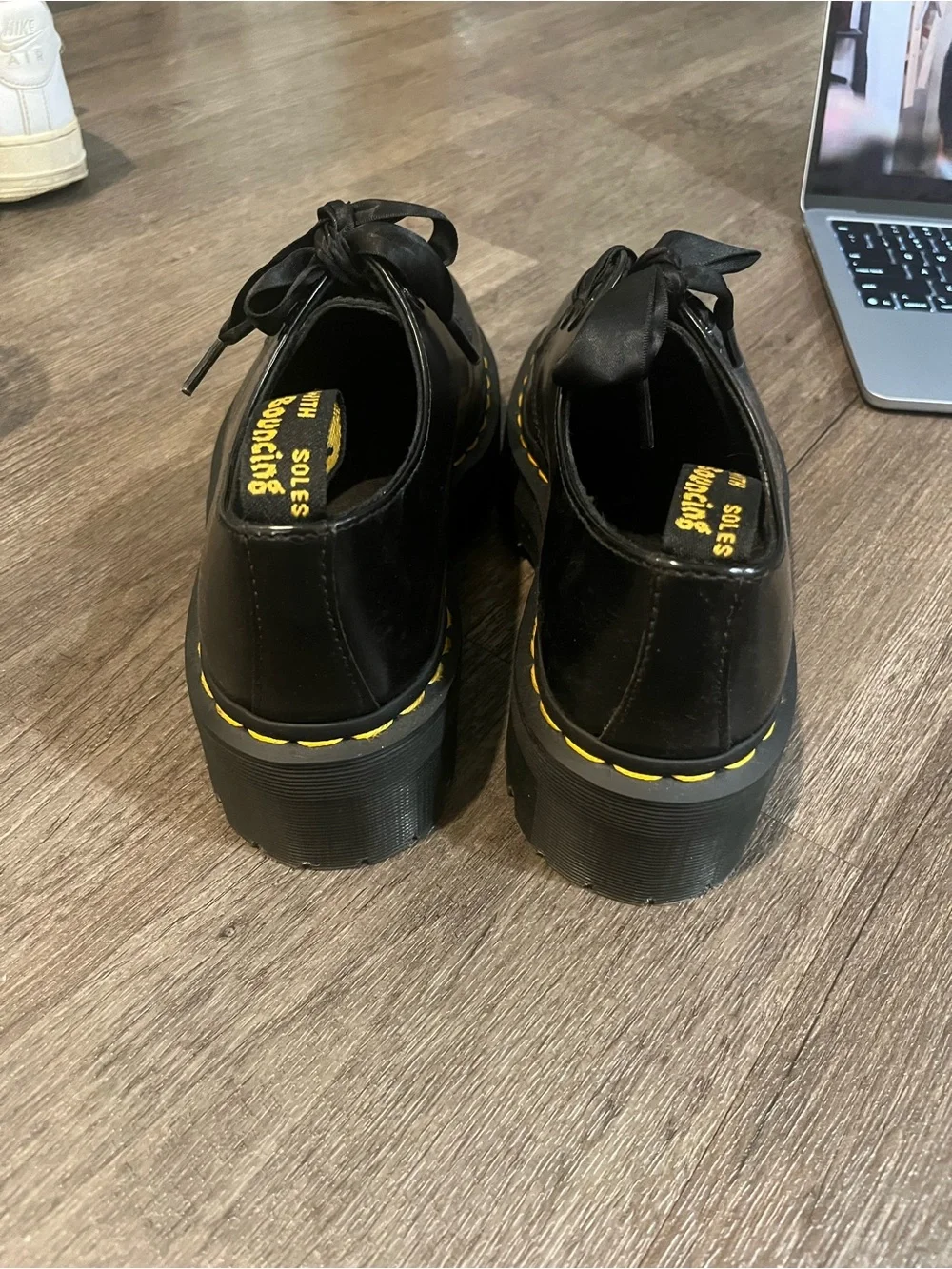 Black  Dr. Martens Holl Platform with Black ribbon Lace-Up Shoes with Yellow Sti